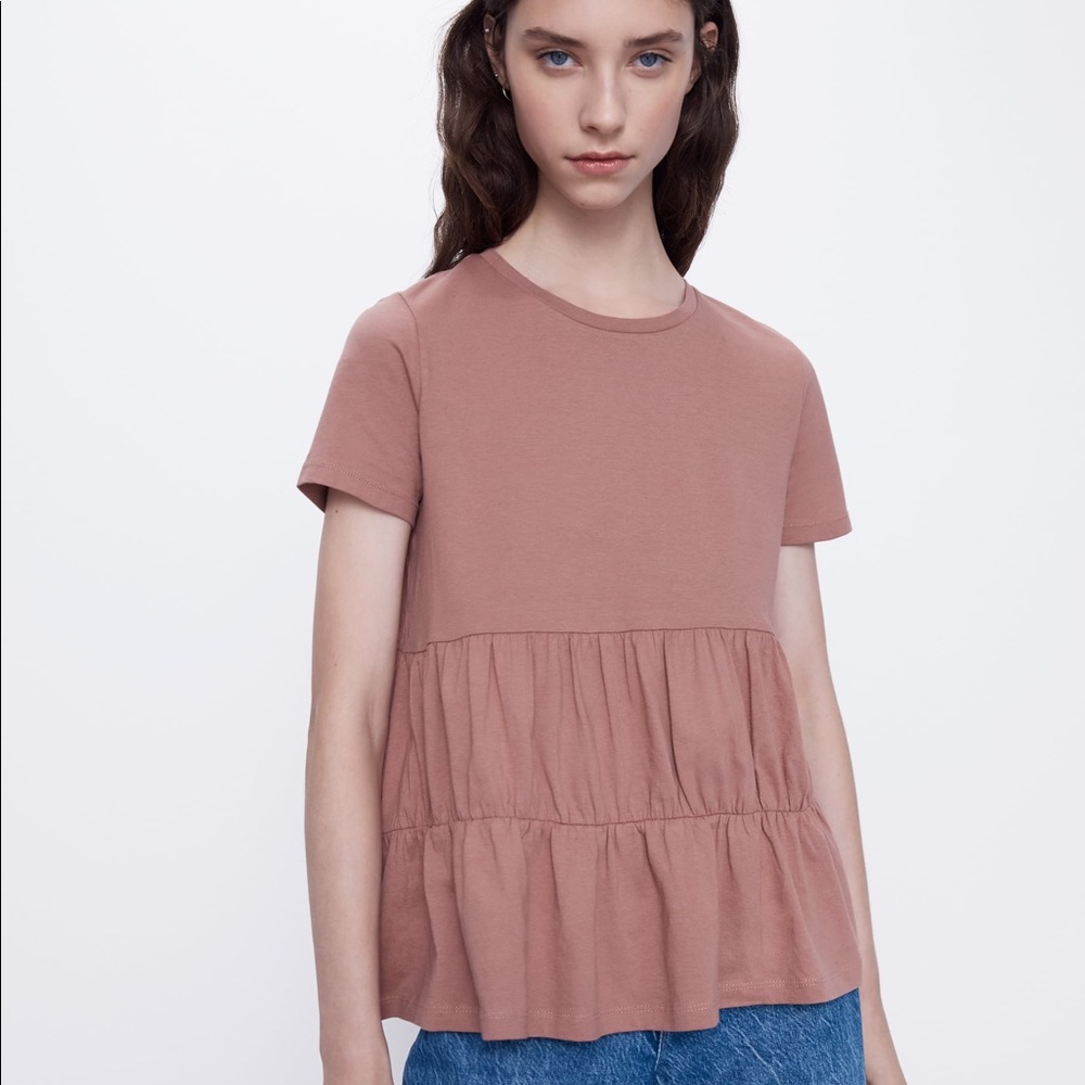Zara Blush Ruffled Short Sleeve Tee Shirt